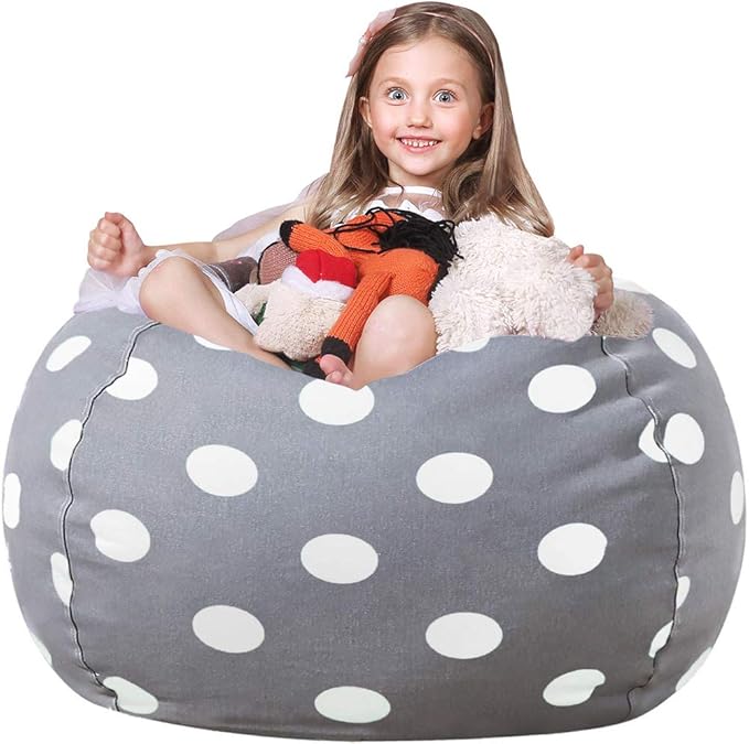 Wekapo Stuffed Animal Storage Bean Bag Chair Cover for Kids | Stuffable Zipper Beanbag for Organizing Children Plush Toys Large Premium Cotton Canvas (Gray Dot, X-Large) - LeafyLoom