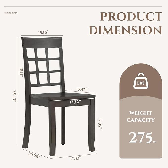 COLAMY Wooden Dining Chairs Set of 4, Nine-Square High Back Kitchen Side Chair, Farmhouse Dining Chairs for Kitchen and Dining Room, Dark Grey - LeafyLoom
