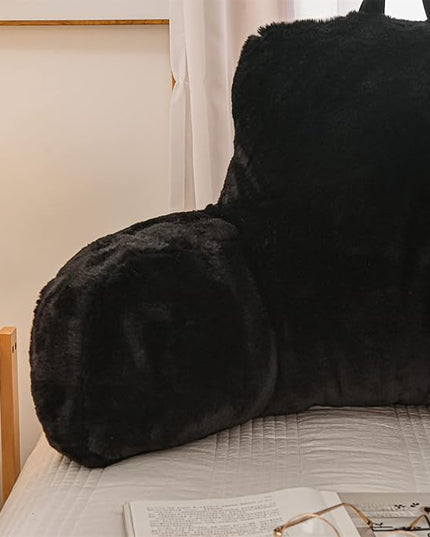 A Nice Night Faux Fur Reading Pillow Bed Wedge Large Adult Children Backrest with Arms Back Support for Sitting Up in Bed/Couch for Bedrest,Black,Large - LeafyLoom
