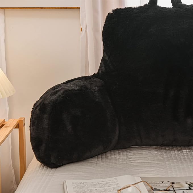 A Nice Night Faux Fur Reading Pillow Bed Wedge Large Adult Children Backrest with Arms Back Support for Sitting Up in Bed/Couch for Bedrest,Black,Large - LeafyLoom