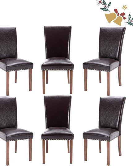 Parsons Dining Chairs Set of 6, Upholstered Nailhead PU Leather Dining Room Kitchen Side Chair with Thick Cushions and Wood Legs, Dark Brown - LeafyLoom