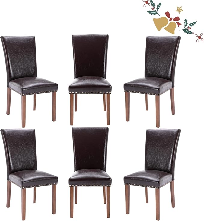 Parsons Dining Chairs Set of 6, Upholstered Nailhead PU Leather Dining Room Kitchen Side Chair with Thick Cushions and Wood Legs, Dark Brown - LeafyLoom