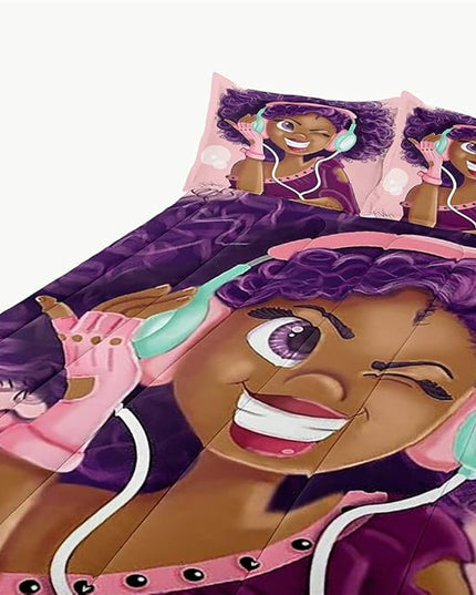 Twin Bedding Sets for Girls, Cute African American Black Girl Magic Comforter Set, Pink Bed Set for Toddler Kids Teenager, Gift for Little Girls Bedroom Decor, 1 Comforter with 2 Pillowcases - LeafyLoom