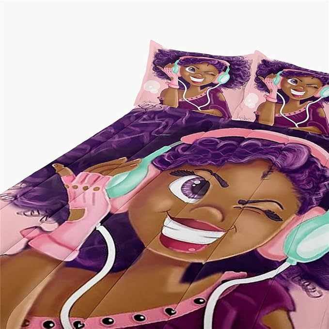 Twin Bedding Sets for Girls, Cute African American Black Girl Magic Comforter Set, Pink Bed Set for Toddler Kids Teenager, Gift for Little Girls Bedroom Decor, 1 Comforter with 2 Pillowcases - LeafyLoom