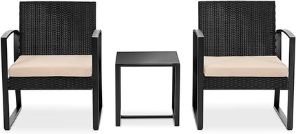 SereneLife Patio Outdoor Furniture, 3 Pcs. Per Set-includes 2 Single Chairs with Soft Cushion and 1 Glass-top Coffee Table, Black Weather-Resistant Resin Wicker Rattan, Brown - LeafyLoom