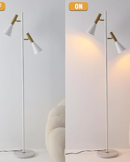Elegant Modern Floor Lamp with 2 Adjustable Head,White and Gold Stand up Lamps with Marble Base,Tall Pole Uplight,Tree Floor Lamps for Living Room,Office - LeafyLoom