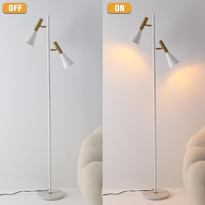 Elegant Modern Floor Lamp with 2 Adjustable Head,White and Gold Stand up Lamps with Marble Base,Tall Pole Uplight,Tree Floor Lamps for Living Room,Office - LeafyLoom
