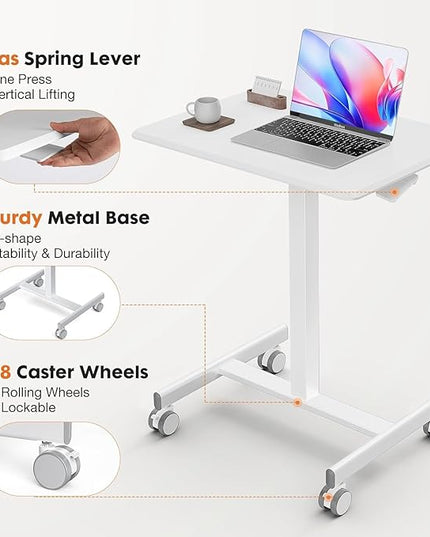 edx Small Mobile Rolling Standing Desk - Overbed Table, Teacher Podium with Wheels, Adjustable Work Table, Rolling Desk Laptop Computer Cart for Home, Office, Classroom, White - LeafyLoom