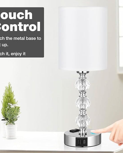 Touch Bedside Crystal Lamps for Bedrooms Nightstand with USB C+A Charging Port and AC Outlet White, 3 Way Dimmable Silver Small End Side Table Lamp for Living/Guest/Dinning Room/Kitchen - LeafyLoom