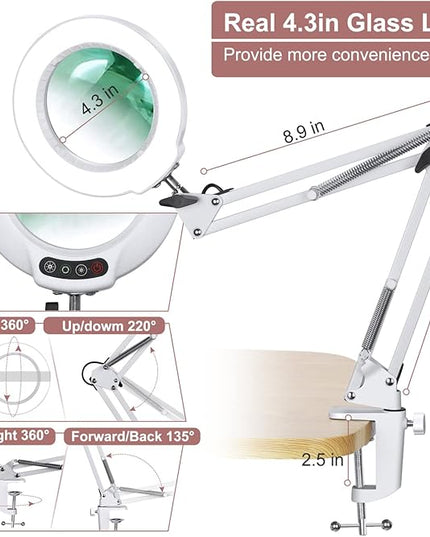 Veemagni 10X Magnifying Glass with Light with Clamp, 5 Color Modes Stepless Dimmable, Adjustable Swing Arm LED Lighted Desk Lamp, Hands Free Magnifier with Light and Stand for Craft Hobby Close Works - LeafyLoom