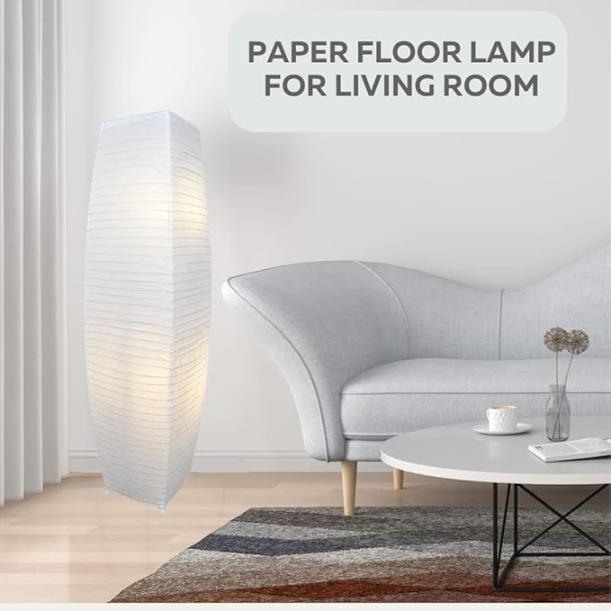LIGHTACCENTS Japanese Style Rice Paper Floor Lamp - 50 Inches Tall Living Room Paper Lamp with White Paper Shade and Chrome Base, On/Off Foot Switch - Ideal as Paper Floor Lamps for Living Room - LeafyLoom