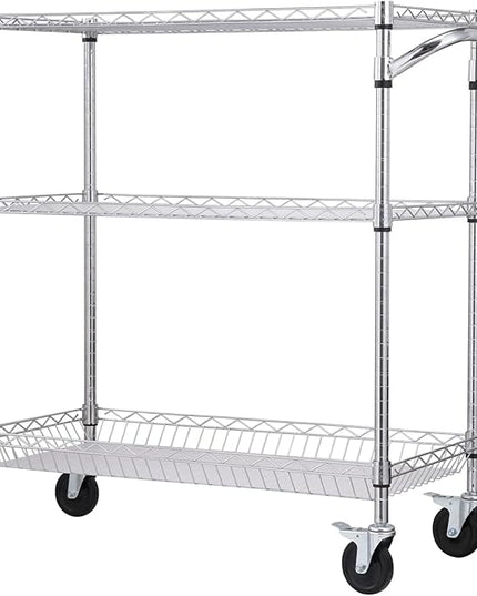 VEVOR Kitchen Utility Cart, 3 Tiers, Wire Rolling Cart with 661 LBS Capacity, Steel Service Cart on Wheels, Metal Storage Trolley with 80 mm Deep Basket Curved Handle PP Liner 6 Hooks, NSF Listed - LeafyLoom