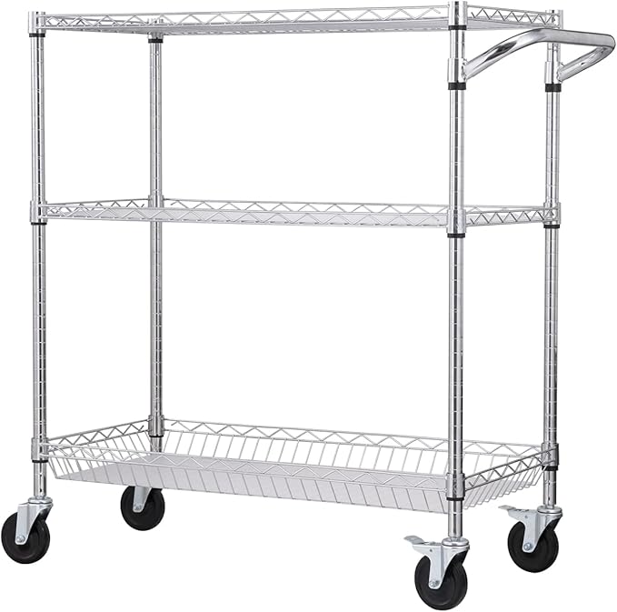 VEVOR Kitchen Utility Cart, 3 Tiers, Wire Rolling Cart with 661 LBS Capacity, Steel Service Cart on Wheels, Metal Storage Trolley with 80 mm Deep Basket Curved Handle PP Liner 6 Hooks, NSF Listed - LeafyLoom