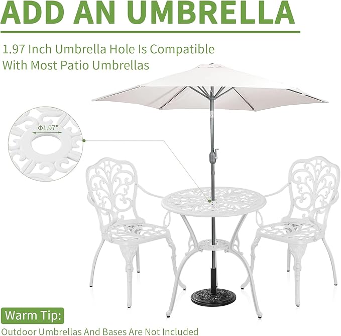 Patio Bistro Set 3 Piece Cast Aluminum Outdoor Bistro Set, Rust Resistance Bistro Table and Chairs of 2 with Umbrella Hole, Small Patio Set for Garden Outside, White - LeafyLoom