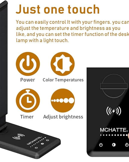 LED Desk Lamp with Wireless Charger, USB Charging Port, Dimmable Eye-Caring Desk Light with 5 Brightness Levels & 5 Lighting Modes, Touch Control, Auto Timer (Black) - LeafyLoom