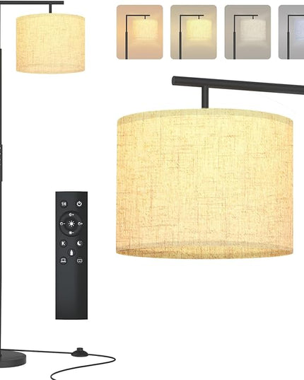 PESRAE LED Floor Lamp with Remote Control, 4 Color Temperature LED Bulb Included, Modern Standing lamp with Linen Lampshade for Bedroom, Living Room, Matte Black - LeafyLoom