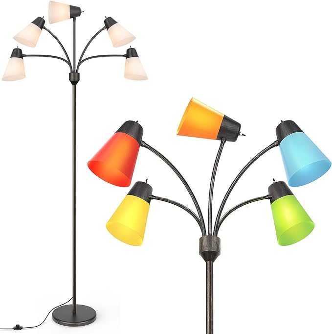 FOLKSMATE LED Floor Lamp, Medusa Multi Head Modern Tall Standing Lamps, Rustic Adjustable Gooseneck Reading Standing Light for Living Room, Bedroom, Kids Room, Rustic Black - LeafyLoom