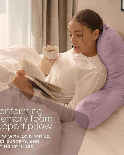 Milliard Reading Pillow with Shredded Memory Foam, Large Adult Backrest with Arms, Back Support for Sitting Up in Bed with Washable Cover (Sit up Pillow) (Lavender) - LeafyLoom