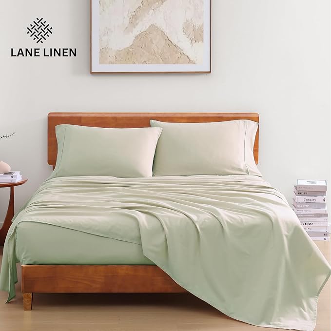 LANE LINEN 100% Organic Cotton Twin Sheets, 3Pc Twin Size Sheets, Breathable Twin Size Sheets for Boys, Luxury Hotel Sheets, 15" Deep Twin Size Fitted Sheet, Percale Weave - Mineral - LeafyLoom