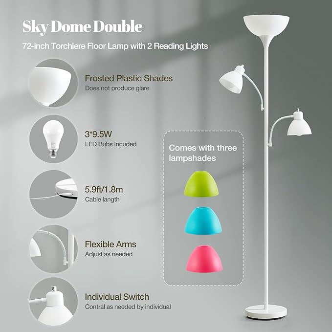 Luvkczc 3 Light Tree Floor Lamp, Floor Lamps for Living Room, Torchiere Floor Lamp with 5 Replace Lampshades, Modern Tall Lamps for Living Room, Bedroom, Office, 3 Bulbs included (8W) - LeafyLoom