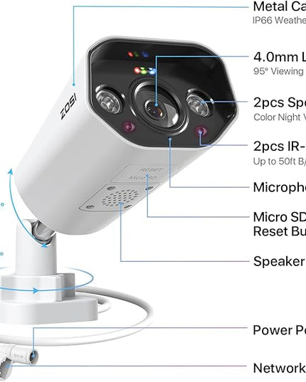 ZOSI 2PK 4K PoE Add-on Cameras with Ethernet Cables,Person/Vehicle Detection,2 Way Audio,Night Vision,Spotlight Siren,8MP Weatherproof Outdoor Indoor IP Security Camera Only Work 4K PoE NVR ZOSI