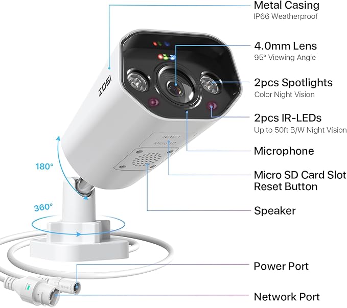 ZOSI 2PK 4K PoE Add-on Cameras with Ethernet Cables,Person/Vehicle Detection,2 Way Audio,Night Vision,Spotlight Siren,8MP Weatherproof Outdoor Indoor IP Security Camera Only Work 4K PoE NVR ZOSI