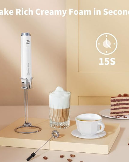 Maestri House Rechargeable Milk Frother with Stand, Handheld Electric Foam Maker Waterproof Detachable Stainless Steel Whisk Drink Mixer Foamer for Lattes, Cappuccino - LeafyLoom