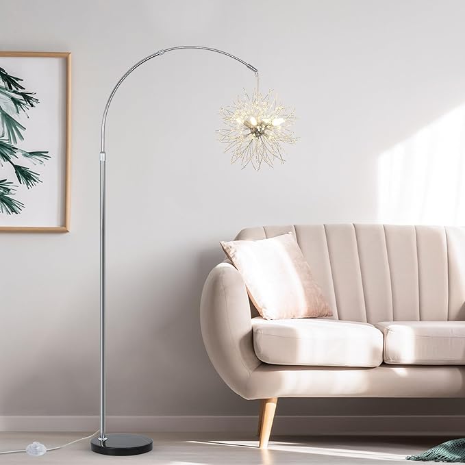 Crystal Arc Floor Lamps for Living Room, Modern Floor Lamp with Marble Base, Adjustable Height Standing Lamp, Mid Century Tall Lamp for Girls Room, Over Couch Arched Reading Light for Bedroom, Office - LeafyLoom