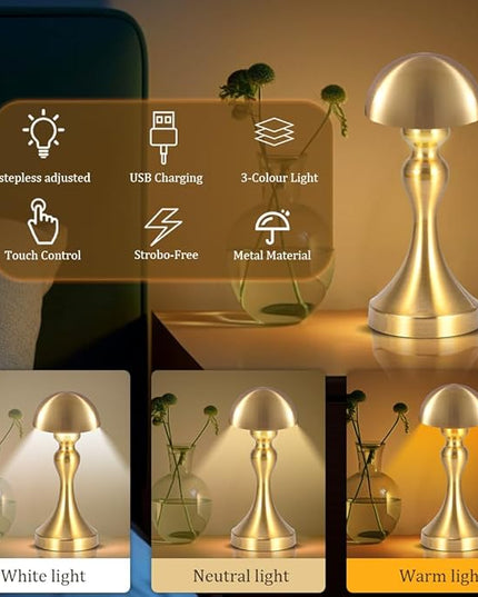 Portable LED Table Lamp, 3-Levels Brightness Metal Desk Lamp, 3 Color Touch Control Rechargeable Lamp, Night Light, Bedside Lamp,Dining Room Lamp (Gold) - LeafyLoom