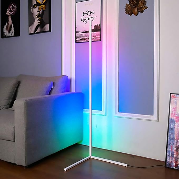 TACAHE Corner Floor Lamp - RGB Color Changing Mood Lighting, Dimmable LED Modern Floor Lamp with Remote, 56" Metal Standing Lamp for Living Room, Bedroom 20W - White - LeafyLoom
