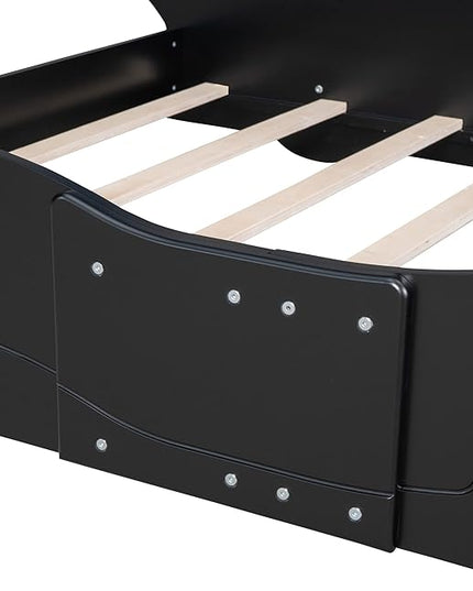 Car Shaped Toddler Bed with Wheels,Racecar Platform Beds W/Safety Guardrail,Slats Support,Stylish Design,Easy Assembly,Wood Full Bedframe for Boys Toddlers Kids Teens Bedroom,Black - LeafyLoom