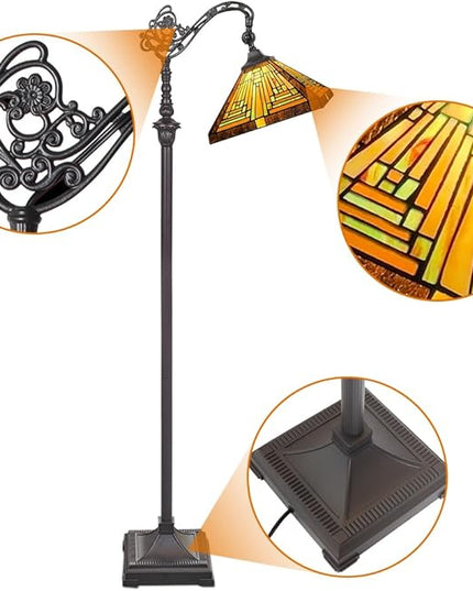 Capulina Tiffany Floor Lamp H62 Tall Antique Mission Style Stained Glass Soft Light Arched Gooseneck Adjustable Angle Reading Lamp for Living Room Bedroom - LeafyLoom