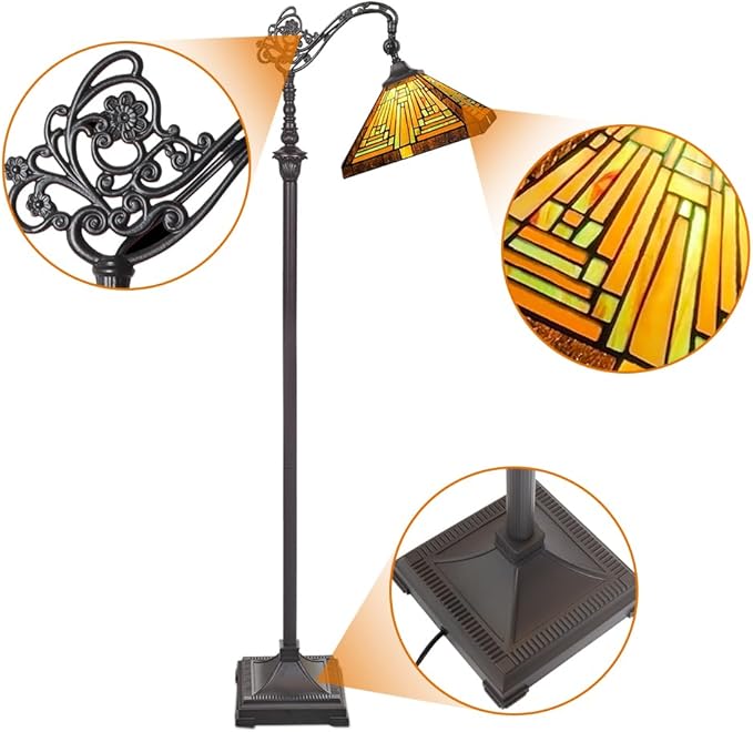 Capulina Tiffany Floor Lamp H62 Tall Antique Mission Style Stained Glass Soft Light Arched Gooseneck Adjustable Angle Reading Lamp for Living Room Bedroom - LeafyLoom