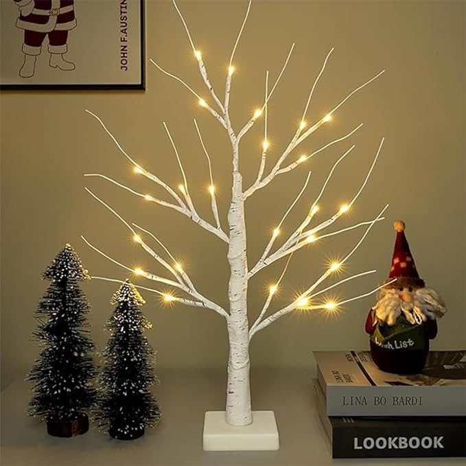 OTAVILEM 2FT Artificial Birch Tree with LED Lights, Warm White Fairy Lights, Battery Powered Tabletop Centerpiece Decorations for Home, Christmas, Wedding, Indoor Decor - LeafyLoom