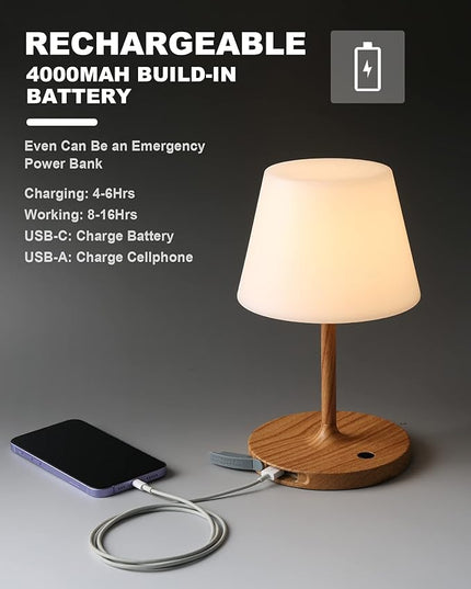 Outdoor Battery Operated Table Lamp Waterproof, 4000mAh Cordless Rechargeable, Touch Dimmable Desk Lamp, LED Night Light for Patio Camping Restaurant Home, H9.6in, Wood Grain - LeafyLoom