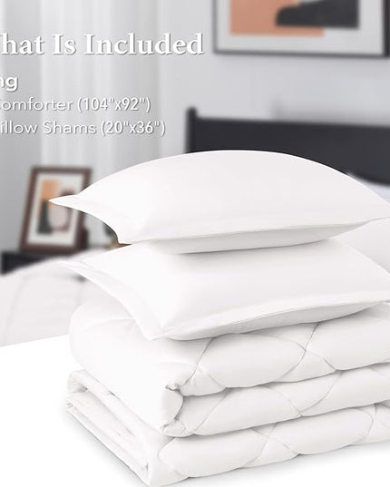 downluxe King Size Comforter Set - White King Comforter Set, 3 Pieces Soft Solid Comforter King Size Set for All Seasons, 1 Lightweight Fluffy Comforter (104"x92") and 2 Pillow Shams - LeafyLoom