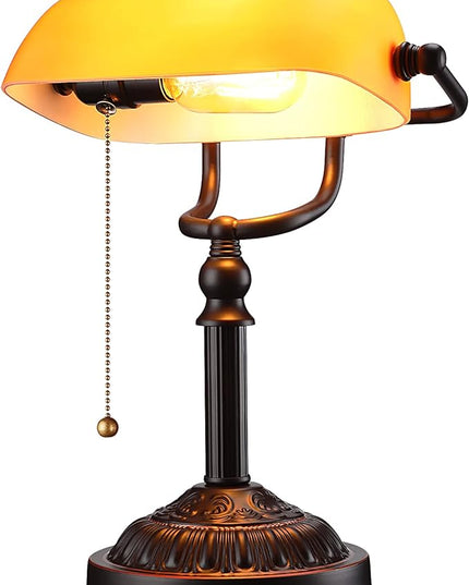 TORCHSTAR Bankers Desk Lamp with Pull Chain Switch, Amber Glass Shade Desk Lamps, Bronze Base, UL Listed, E26 Base, Vintage Library Lamp for Office, Study Room(Matted Orange) - LeafyLoom