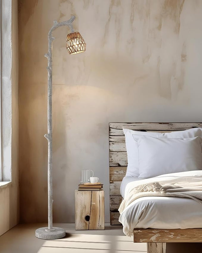 OYEARS Retro Farmhouse Rattan Floor Lamp for Living Room Rustic Standing Lamps Tree Trunk Deco Modern Country Vintage Wood Grain 64.25" Tall Corner Floor Lamp Bedroom Office - LeafyLoom