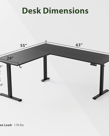 L Shaped Standing Desk Adjustable Height, Electric Corner Standing Desk, 63 x 55 inch Sit Stand Computer Table with Splice Board, Gaming Table, Black - LeafyLoom