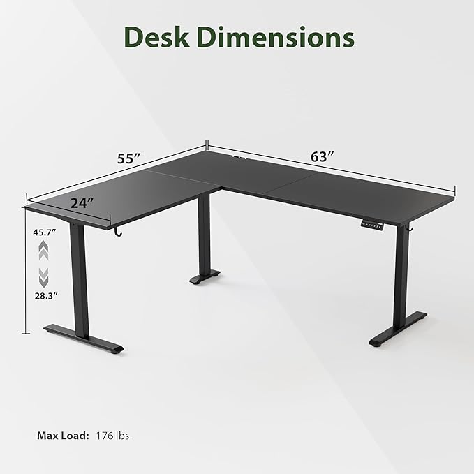 L Shaped Standing Desk Adjustable Height, Electric Corner Standing Desk, 63 x 55 inch Sit Stand Computer Table with Splice Board, Gaming Table, Black - LeafyLoom