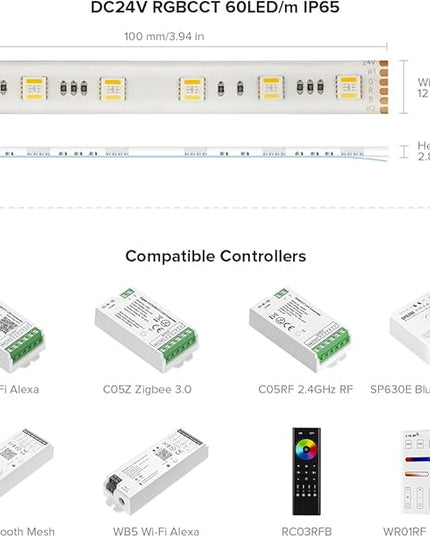 BTF-LIGHTING RGBCCT 5 Colors in 1 LED 5050SMD RGBWW RGB+Dimmable Tunable Color Temperature 2700K-6500K 16.4ft 60LEDs/m 300LEDs DC24V Multi-Colored Tape Lights IP65 White PCB(No Adapter or Controller) BTF-LIGHTING
