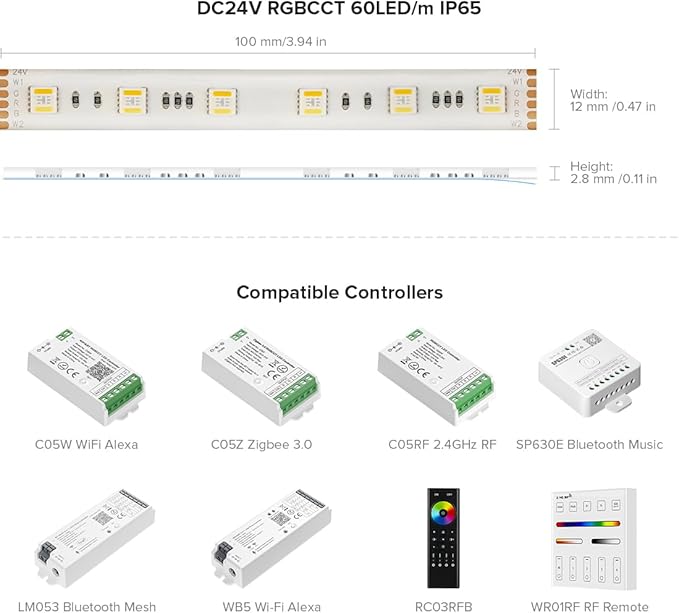 BTF-LIGHTING RGBCCT 5 Colors in 1 LED 5050SMD RGBWW RGB+Dimmable Tunable Color Temperature 2700K-6500K 16.4ft 60LEDs/m 300LEDs DC24V Multi-Colored Tape Lights IP65 White PCB(No Adapter or Controller) BTF-LIGHTING