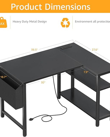 Black L Shaped Gaming Computer Desk with Power Outlet Shelves, 40 Inch Small Corner Desk for Small Space Home Office, Study Work PC Desks for Bedroom, Black - LeafyLoom
