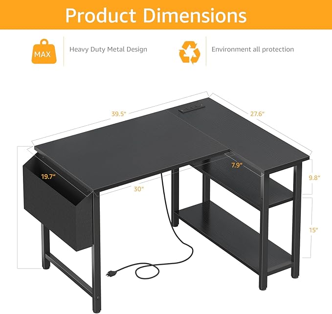 Black L Shaped Gaming Computer Desk with Power Outlet Shelves, 40 Inch Small Corner Desk for Small Space Home Office, Study Work PC Desks for Bedroom, Black - LeafyLoom