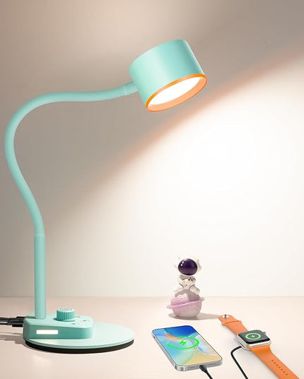 Desk Lamp, Fully Dimmable Bedside Reading Lamp with USB C + A Charging Ports, 5 Colors, Simple to Operate, Eye Care Metal Table Lamp Efficient Gooseneck Desk Lamps for Home Office College Dorm Room - LeafyLoom