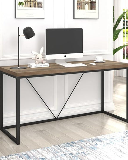 FOLUBAN Industrial Computer Desk, Rustic Wood and Metal Writing Desk, Vintage PC Table for Home Office, Oak 60 inch - LeafyLoom