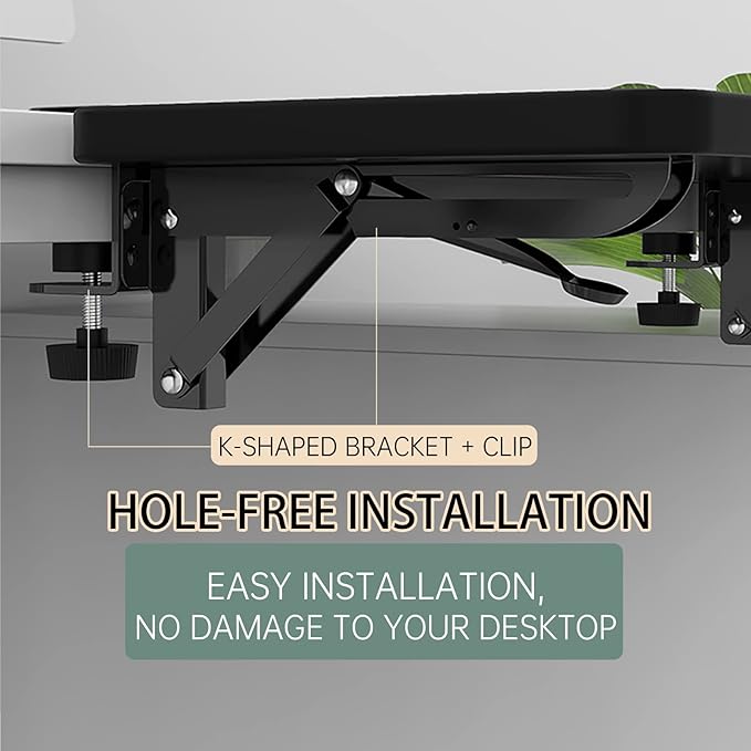 Ergonomics Desk Extender Tray, 9.5"x9.1" Punch-Free Clamp on, Foldable Keyboard Drawer Tray, Table Mount Arm Wrist Rest Shelf, Computer Elbow Arm Support - LeafyLoom