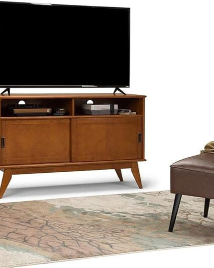 SIMPLIHOME Draper SOLID HARDWOOD 54 Inch Wide Mid Century Modern TV Media Stand in Teak Brown For TVs up to 60 Inches, For the Living Room and Entertainment Center - LeafyLoom