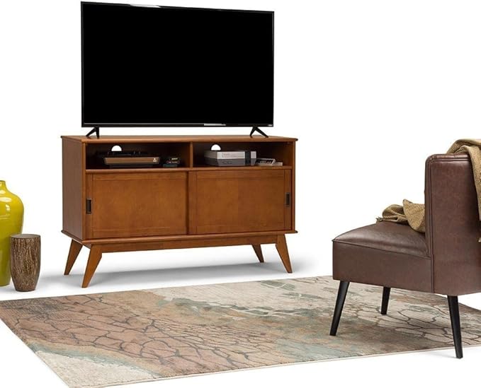 SIMPLIHOME Draper SOLID HARDWOOD 54 Inch Wide Mid Century Modern TV Media Stand in Teak Brown For TVs up to 60 Inches, For the Living Room and Entertainment Center - LeafyLoom