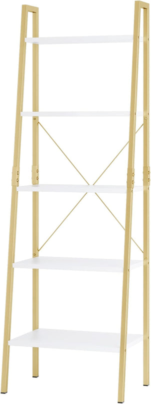 finetones 5-Tier Ladder Shelf, Gold Bookcase Bookshelf with Metal Frame, Display Shelf Plant Rack Accent Furniture for Home Office, White/Golden - LeafyLoom